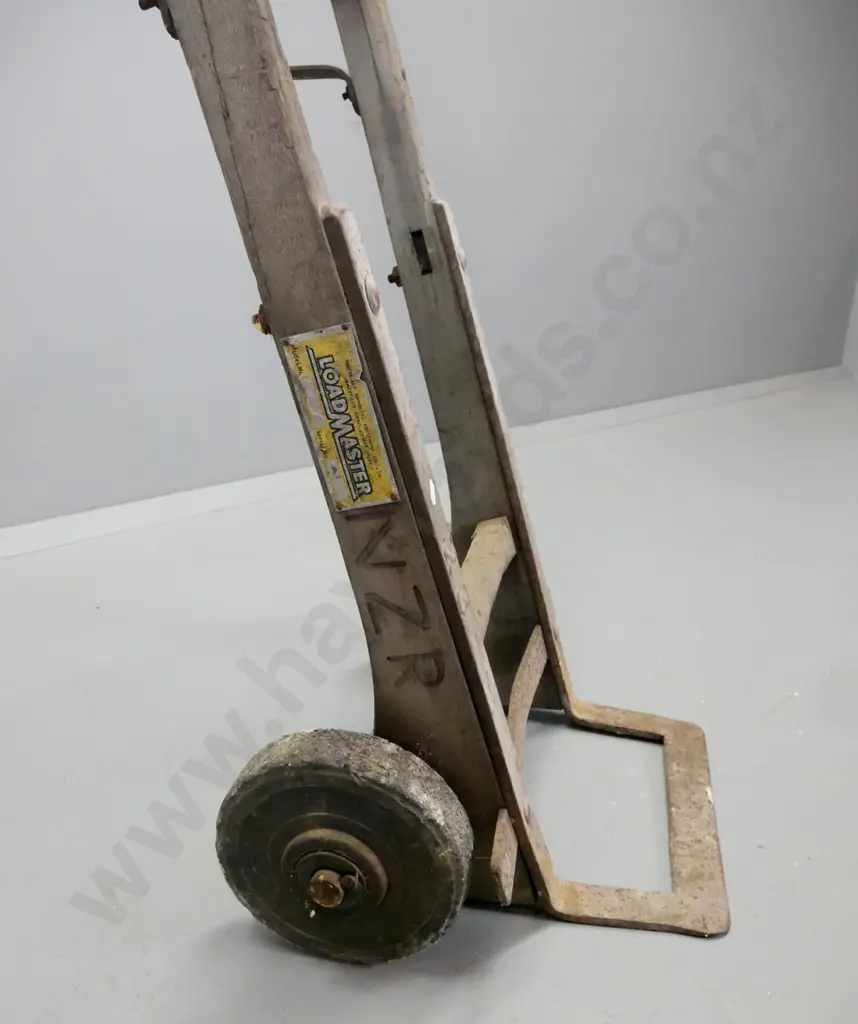 vintage Loadmaster Lower Hutt metal and timber sack barrow, hard rubber wheels, sides marked NZR. H-1100 W-500 D-440 Image 1++