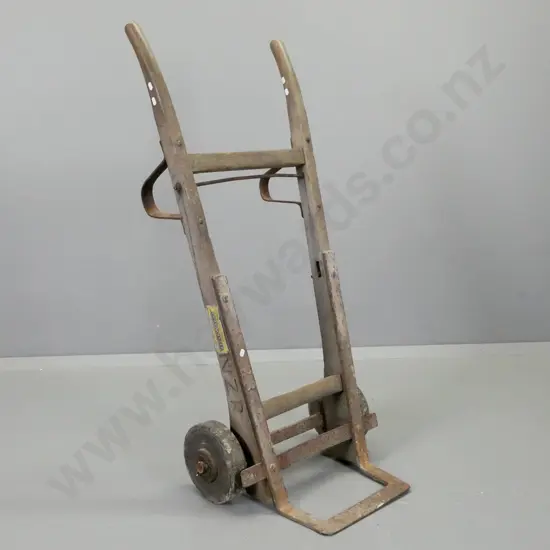 vintage Loadmaster Lower Hutt metal and timber sack barrow, hard rubber wheels, sides marked NZR. H-1100 W-500 D-440