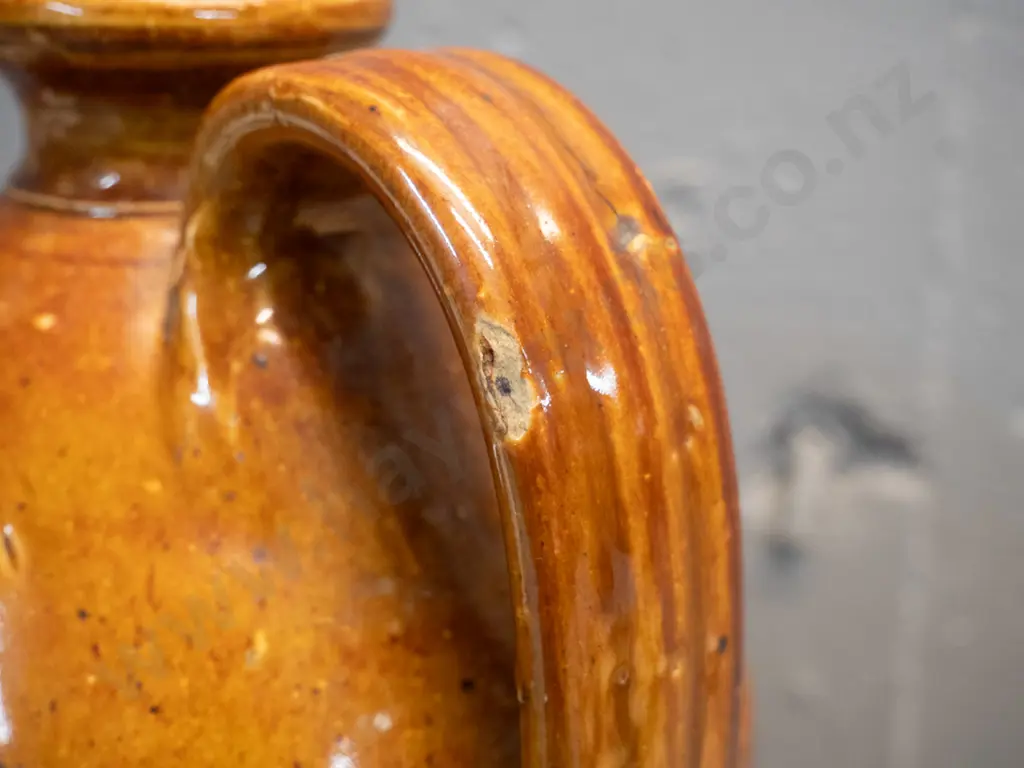 Luke Adams Christchurch narrow-neck handled stoneware crock - glaze bubble chip on handle H-340 D-170 Image 1++