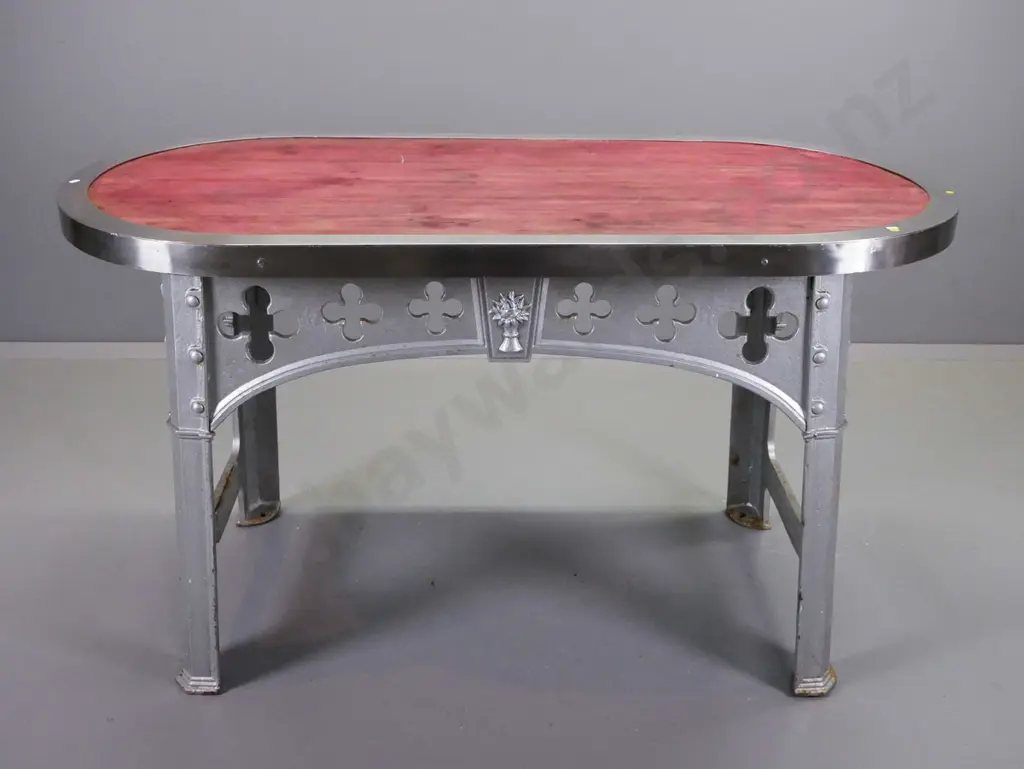 table made from vintage industrial cast iron base with pierced cutouts, cast wheat sheaf decoration, painted silver with Image 1++