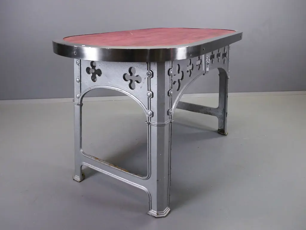 table made from vintage industrial cast iron base with pierced cutouts, cast wheat sheaf decoration, painted silver with Image 1++