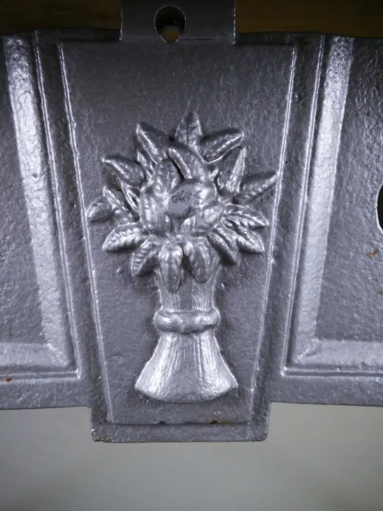 table made from vintage industrial cast iron base with pierced cutouts, cast wheat sheaf decoration, painted silver with Image 1++