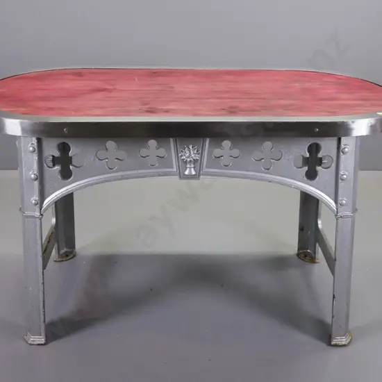 table made from vintage industrial cast iron base with pierced cutouts, cast wheat sheaf decoration, painted silver with