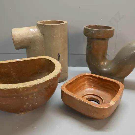 4 heavy earthenware plumbing / drainage fixtures - tallest is H-380 W-330