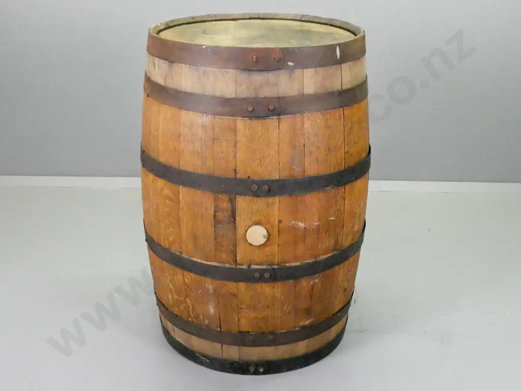 vintage large oak barrel with iron straps - age wear and some surface corrosion to strapping H-900 D-560 at widest Image 1++
