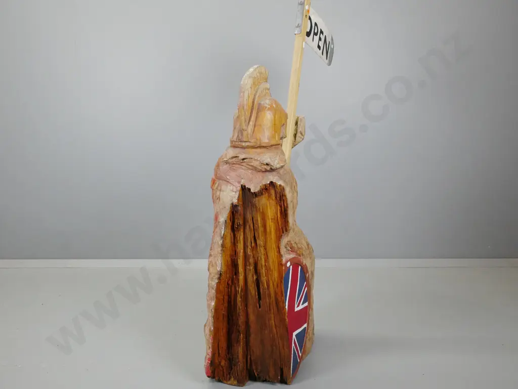 carved and painted timber figural sign with "Open" placard - wear to polish, partly repainted H-1210 W-240 D-390 Image 1++