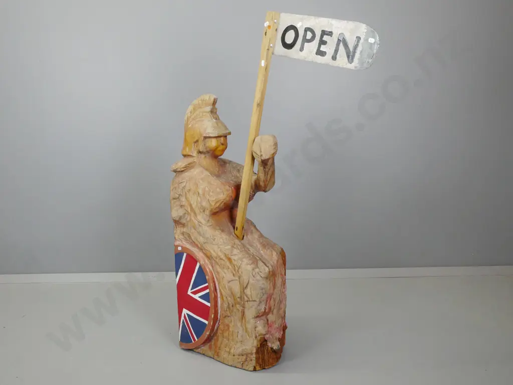 carved and painted timber figural sign with "Open" placard - wear to polish, partly repainted H-1210 W-240 D-390 Image 1++