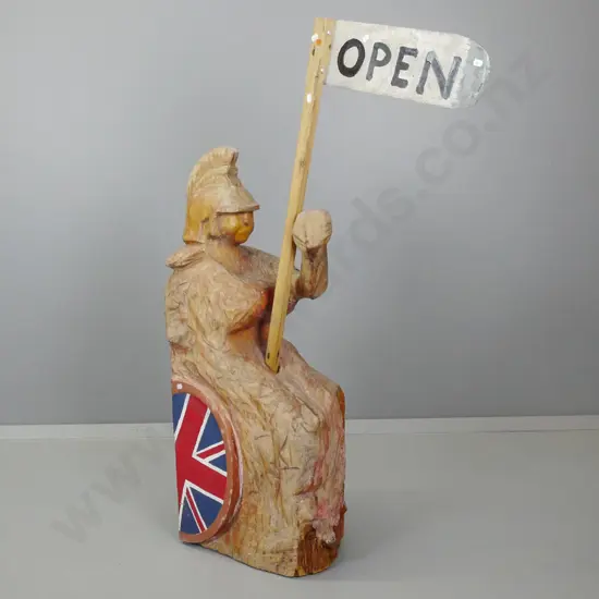 carved and painted timber figural sign with "Open" placard - wear to polish, partly repainted H-1210 W-240 D-390