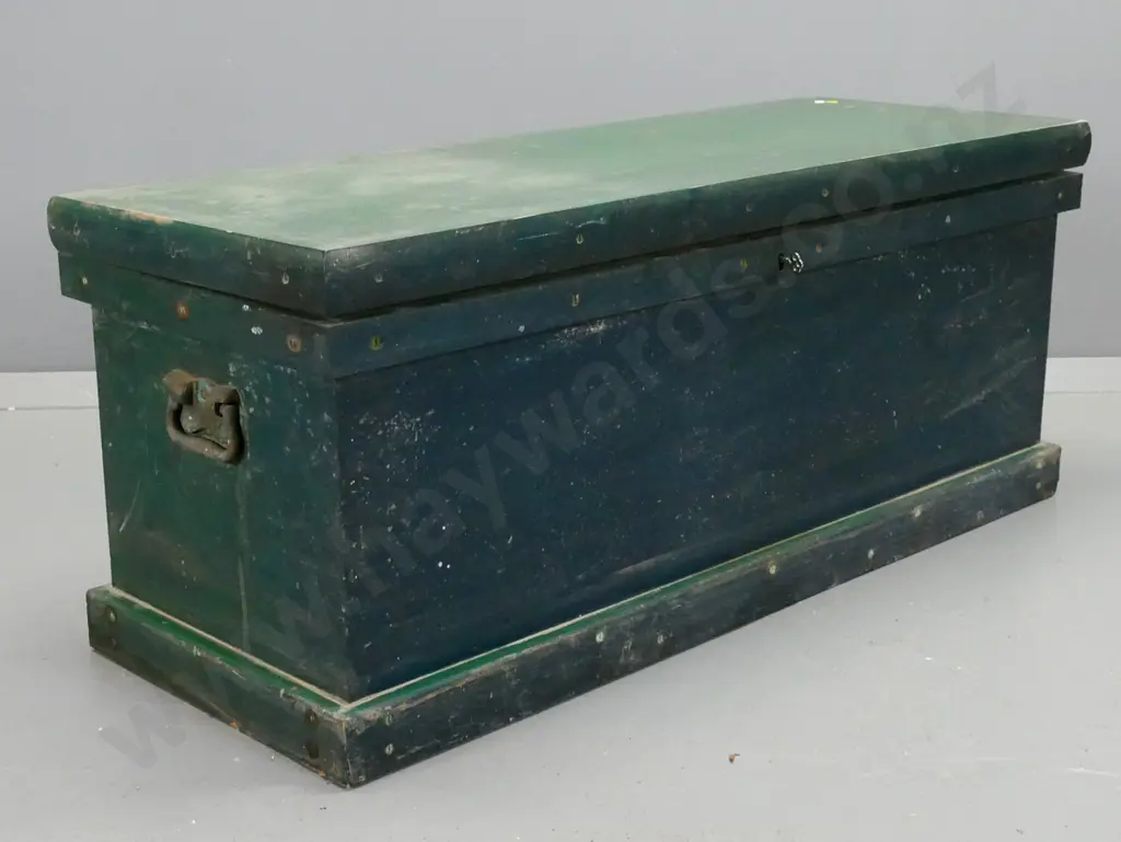 vintage kauri and rimu trunk, painted green, w/ brass carry handles, lift out tray, has lock but key not working H-420 Image 1++