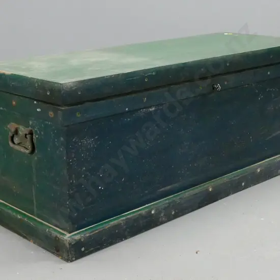 vintage kauri and rimu trunk, painted green, w/ brass carry handles, lift out tray, has lock but key not working H-420