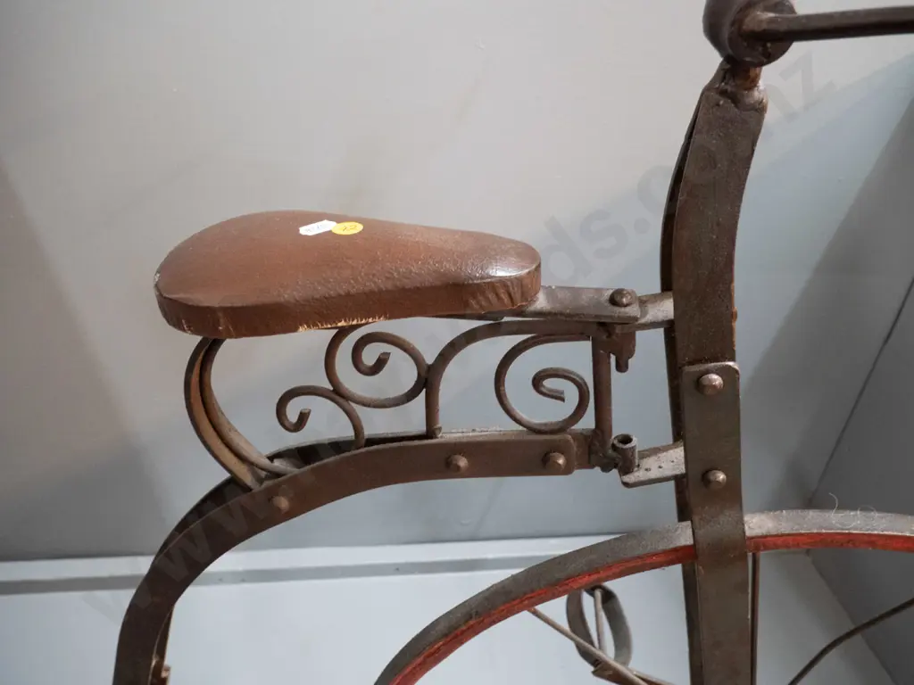 decorative floor standing metal and timber penny-farthing style bicycle - steering join is missing one pin, one timber Image 1++