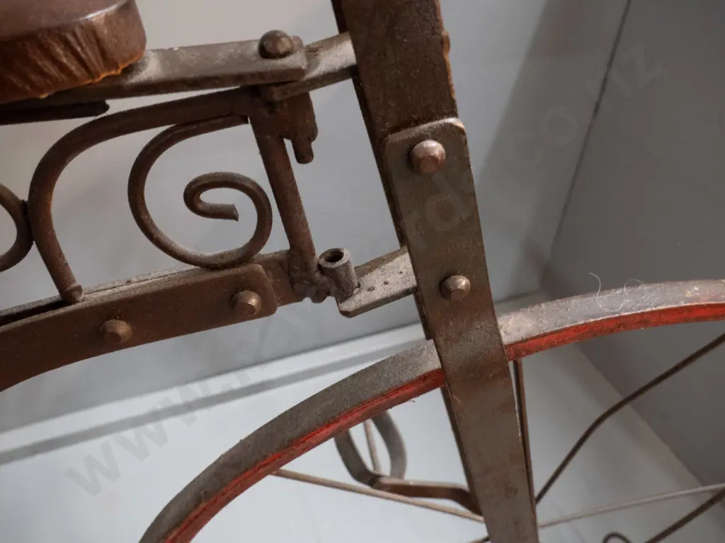 decorative floor standing metal and timber penny-farthing style bicycle - steering join is missing one pin, one timber Image 1++