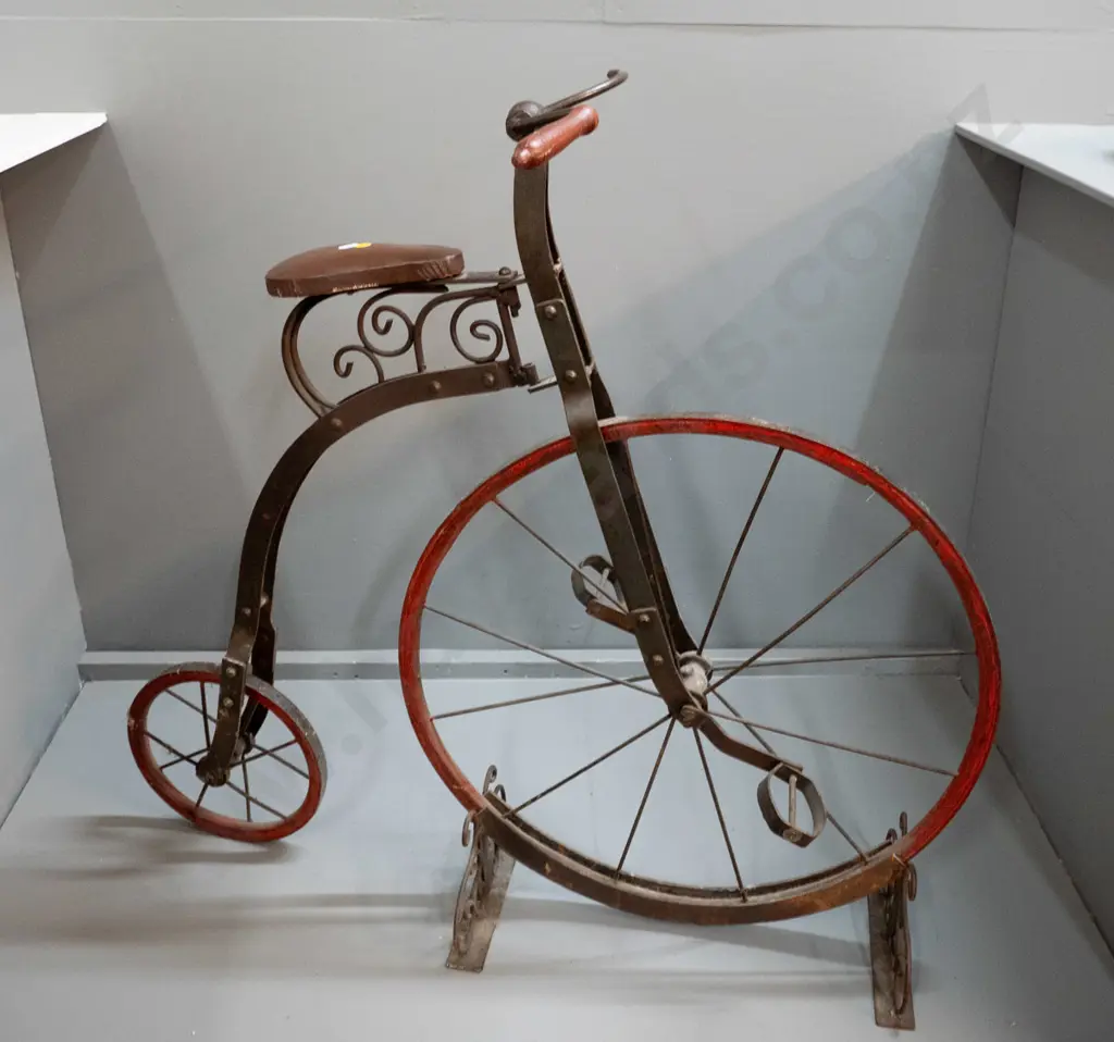 decorative floor standing metal and timber penny-farthing style bicycle - steering join is missing one pin, one timber Image 1++