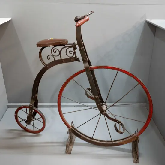 decorative floor standing metal and timber penny-farthing style bicycle - steering join is missing one pin, one timber