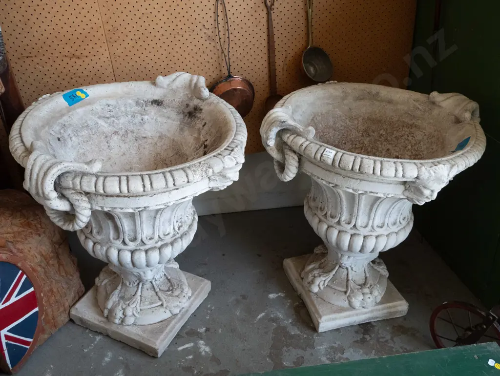 pair of large ornate cast concrete garden urns H-680 Width at handles-700 Image 1++
