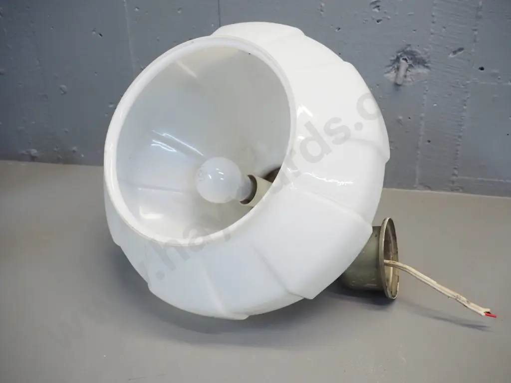 vintage milk glass light shade with chrome journal, chain and ceiling rose with Acme Wood & Metal Products label - some Image 1++