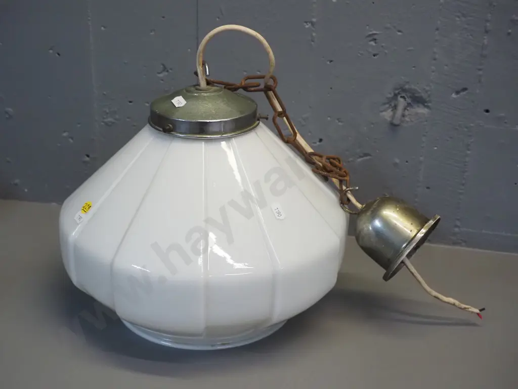 vintage milk glass light shade with chrome journal, chain and ceiling rose with Acme Wood & Metal Products label - some Image 1++