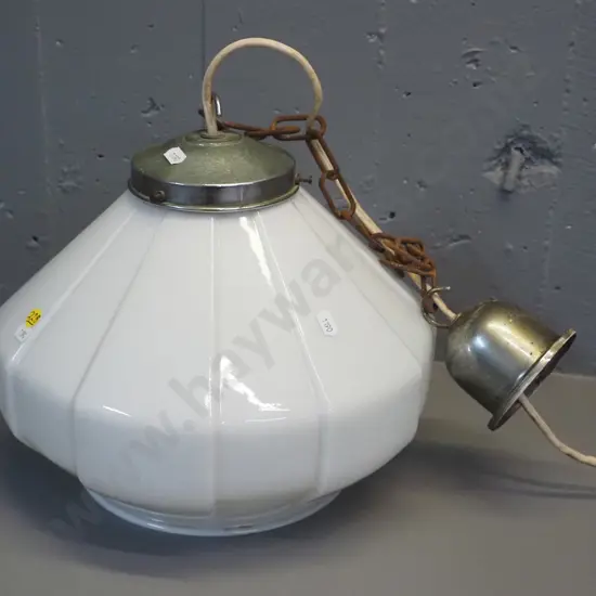 vintage milk glass light shade with chrome journal, chain and ceiling rose with Acme Wood & Metal Products label - some