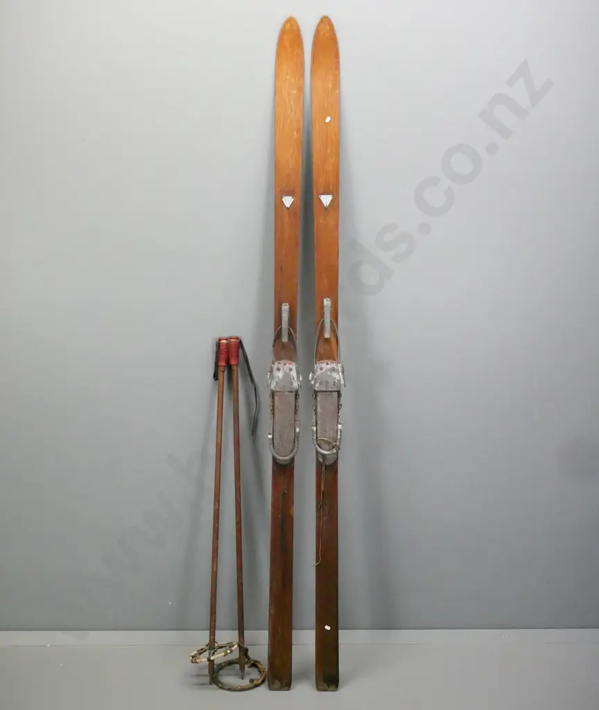 pair of vintage skis and poles - bindings marked Allcock Laight & Westwood Toronto - also stamped Hickory & 7FT8. L-2170 Image 1++
