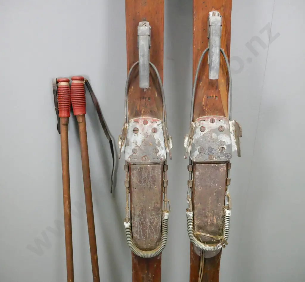 pair of vintage skis and poles - bindings marked Allcock Laight & Westwood Toronto - also stamped Hickory & 7FT8. L-2170 Image 1++