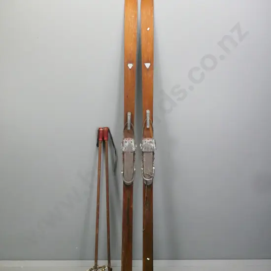pair of vintage skis and poles - bindings marked Allcock Laight & Westwood Toronto - also stamped Hickory & 7FT8. L-2170