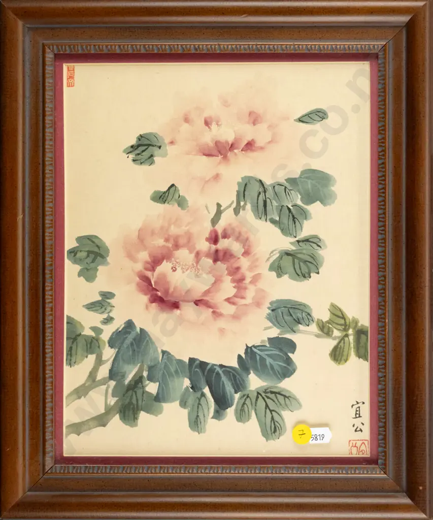framed Asian watercolour on silk - flowers H-270 W-220 Image 1++