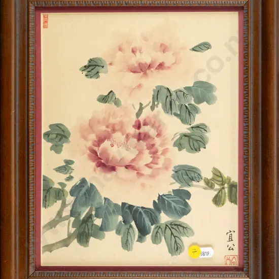 framed Asian watercolour on silk - flowers H-270 W-220