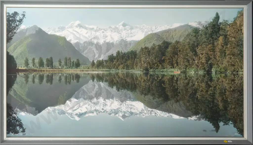 framed Whites Aviation hand coloured photograph - Lake Matheson H-530 W-1000 Image 1++