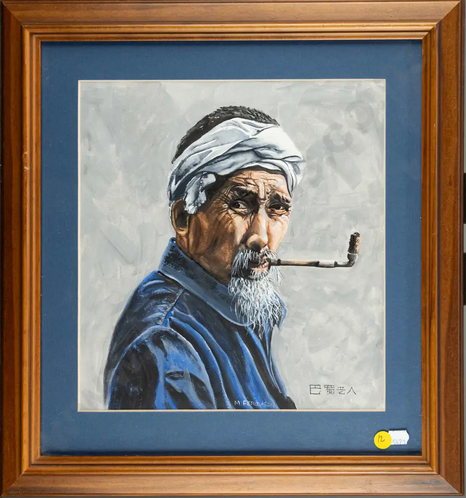 M Ferguson - framed watercolour - man smoking pipe H-260 W-240 Image 1++