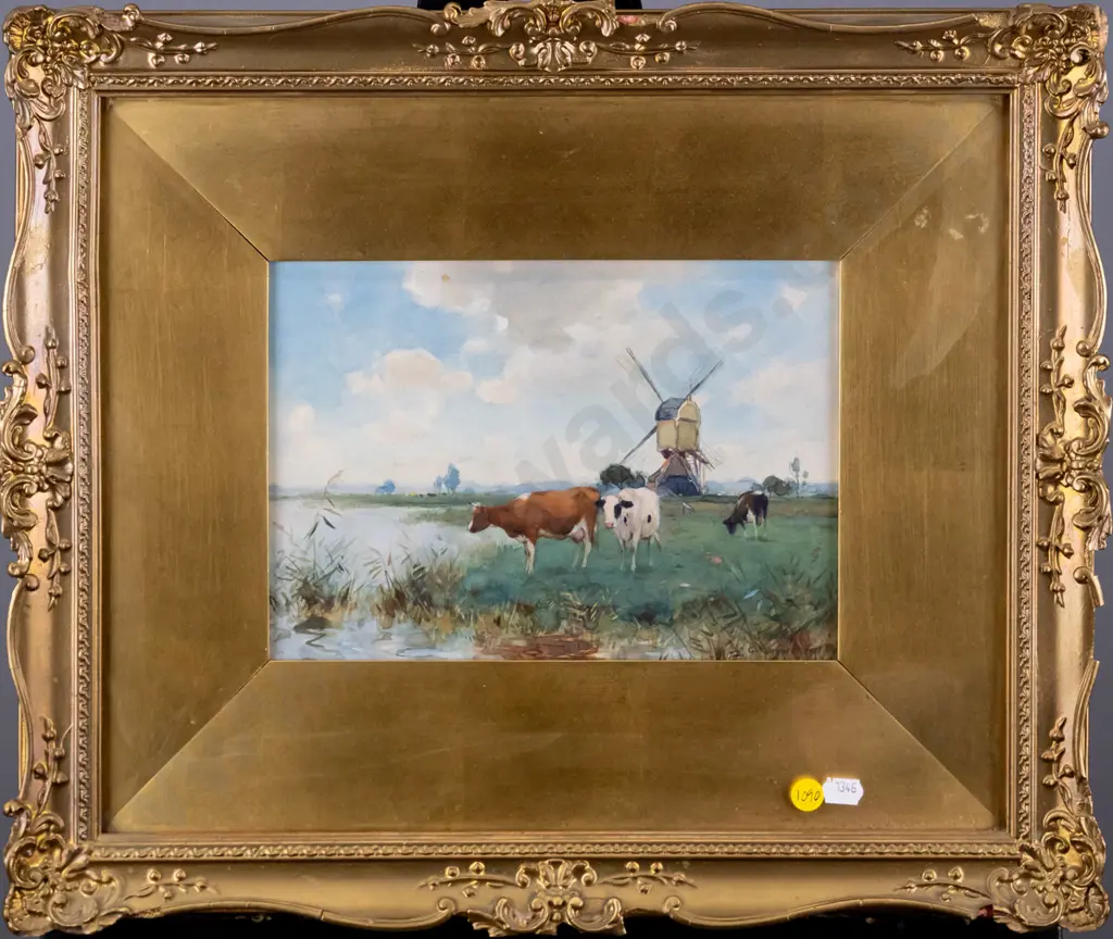 Adriaan Johannes Groenewegen - gilt framed watercolour  - Dutch scene, cattle and windmill H-170 W-240 Image 1++