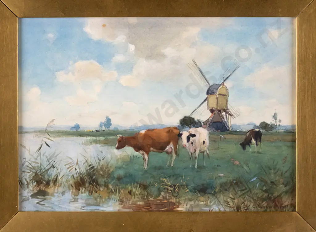 Adriaan Johannes Groenewegen - gilt framed watercolour  - Dutch scene, cattle and windmill H-170 W-240 Image 1++