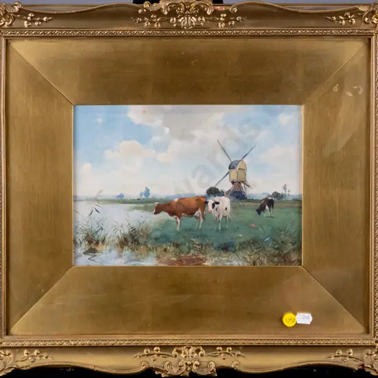 Adriaan Johannes Groenewegen - gilt framed watercolour  - Dutch scene, cattle and windmill H-170 W-240