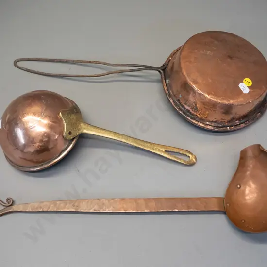 3 copper items - beaten and hand-forged spouted ladle marked JM 1976, L-440, round scoop with cast brass handle, and a
