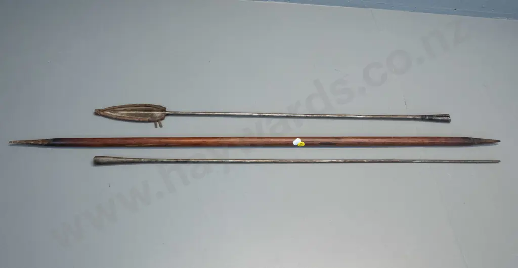 Masai spear - two metal ends fitted to timber shaft, has L-2570 leather cover to spear tip Image 1++