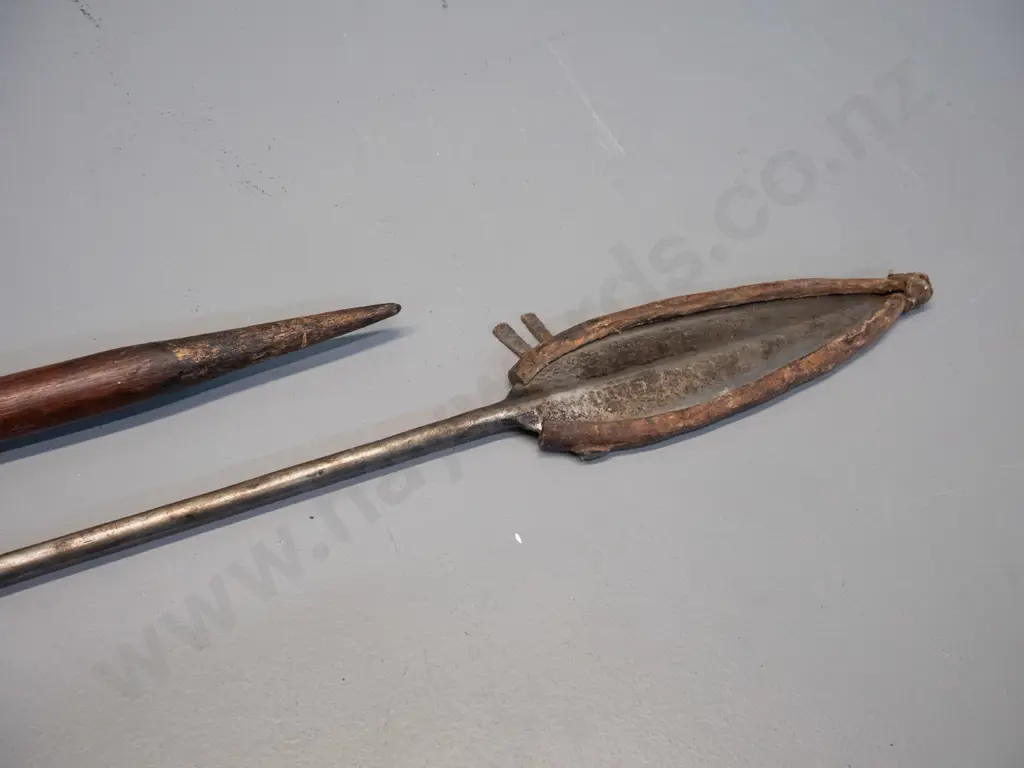 Masai spear - two metal ends fitted to timber shaft, has L-2570 leather cover to spear tip Image 1++