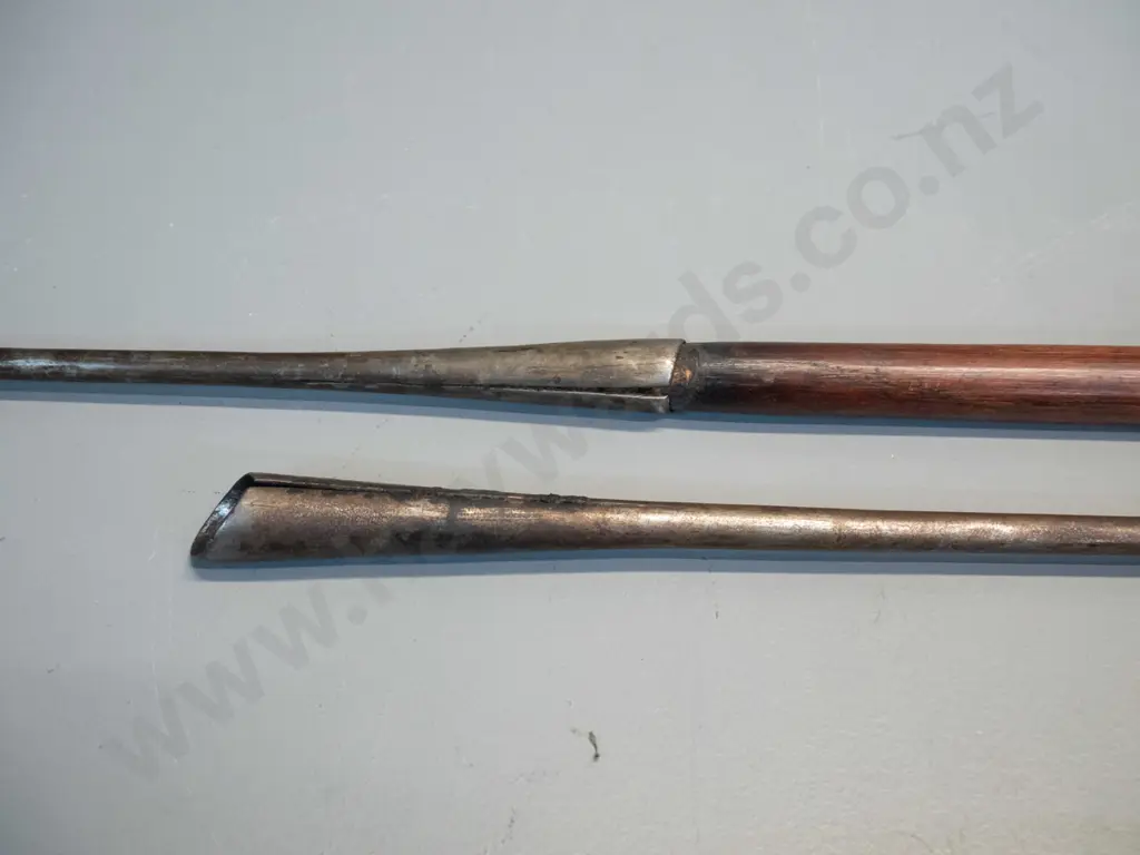 Masai spear - two metal ends fitted to timber shaft, has L-2570 leather cover to spear tip Image 1++