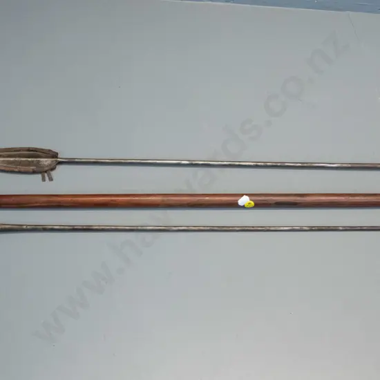 Masai spear - two metal ends fitted to timber shaft, has L-2570 leather cover to spear tip