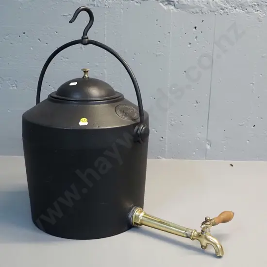 cast iron Kenrick 4-gallon hanging kettle with long brass tap and spigor with timber handle, lid with brass knob - chip