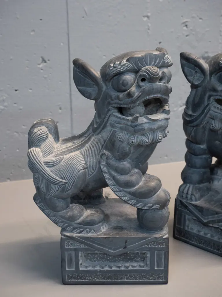pair of heavy carved grey stone foo dogs with loose-carved balls in mouths H-250 L-160 Image 1++
