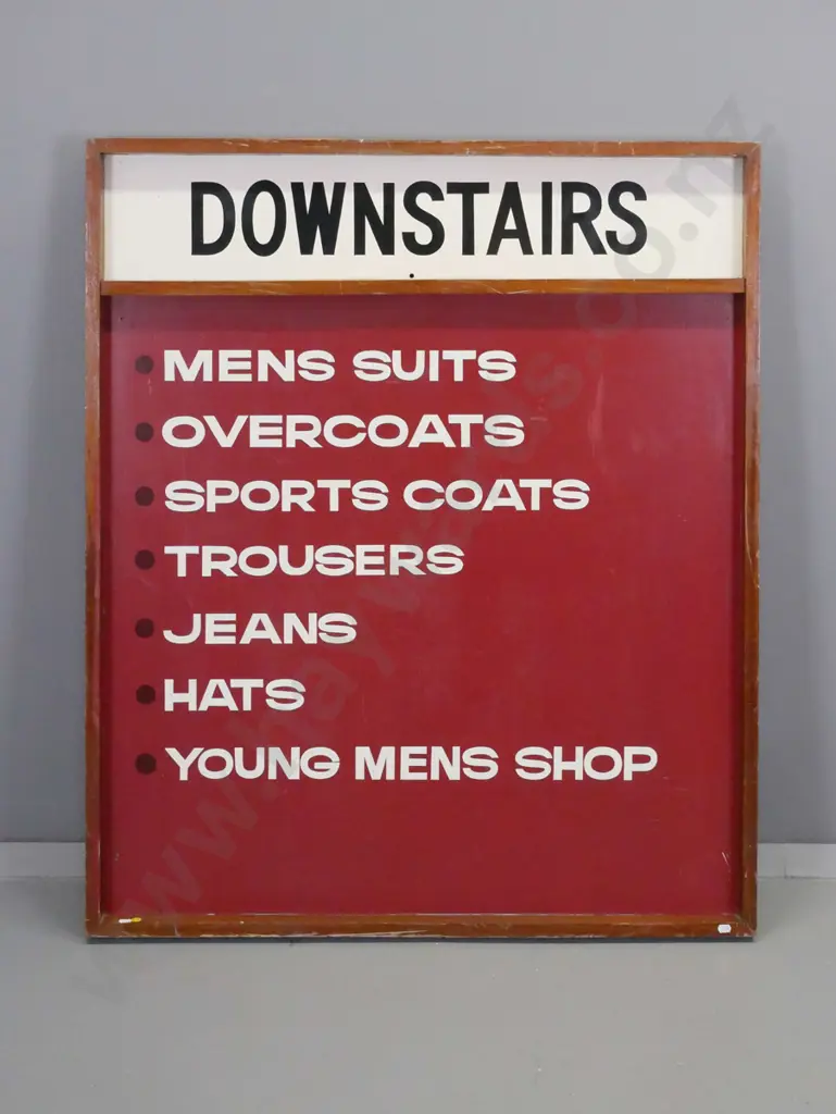 large retro heavy mahogany framed hand painted retail wall sign - menswear etc. - frame has scuffs and paint marks H1130 Image 1++