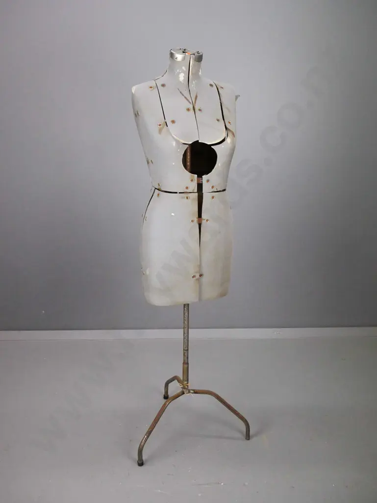 vintage adjustable size dressmaker's form on metal tripod base - extensive wear & stains to fabric,  corrosion to Image 1++