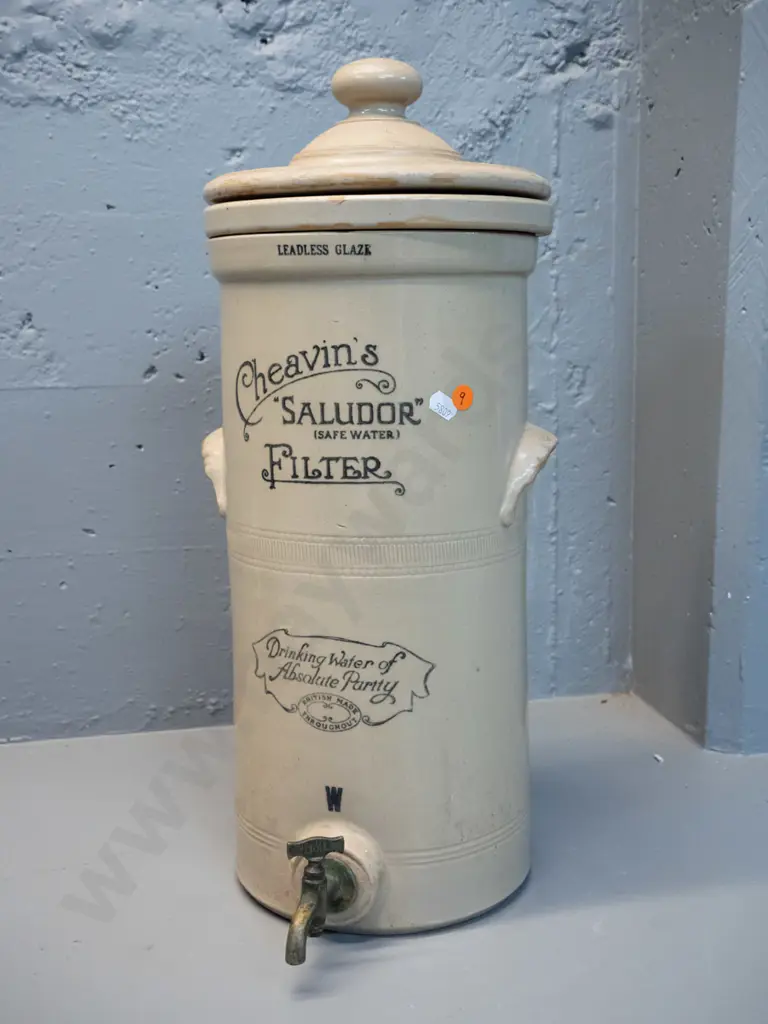 Cheavin's Saludor water filter with brass dispensing tap and filter insert - minor wear, chip under lid. H-520 D-220 Image 1++