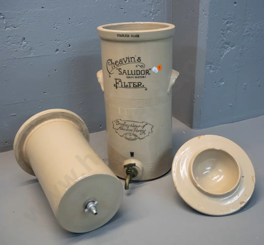Cheavin's Saludor water filter with brass dispensing tap and filter insert - minor wear, chip under lid. H-520 D-220 Image 1++