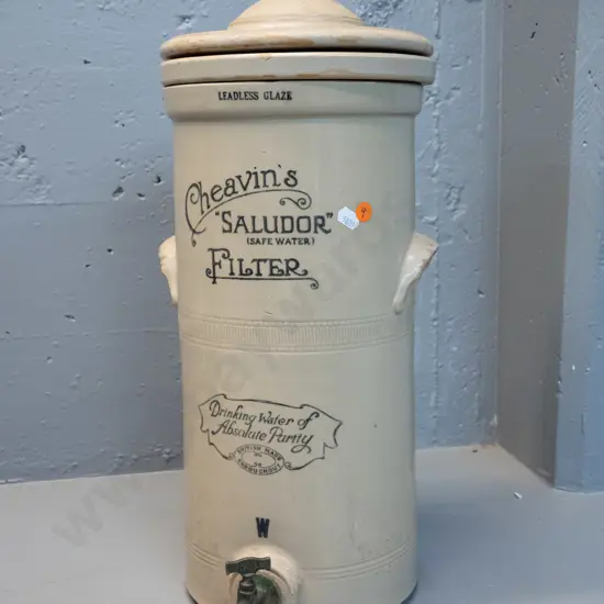 Cheavin's Saludor water filter with brass dispensing tap and filter insert - minor wear, chip under lid. H-520 D-220