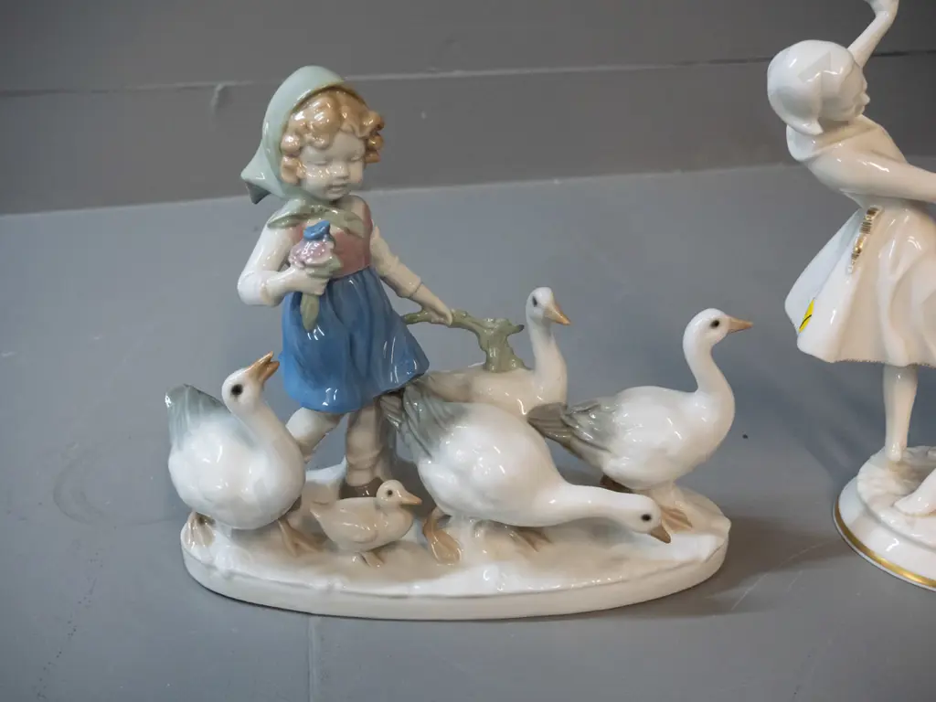 2 German porcelain figurines - Carl Scheidig girl with geese and Hutschenreuther girls dancing H-190 Image 1++