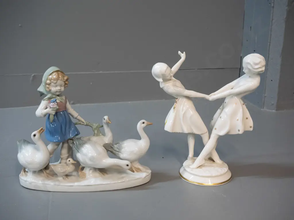 2 German porcelain figurines - Carl Scheidig girl with geese and Hutschenreuther girls dancing H-190 Image 1++