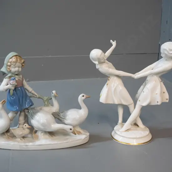 2 German porcelain figurines - Carl Scheidig girl with geese and Hutschenreuther girls dancing H-190