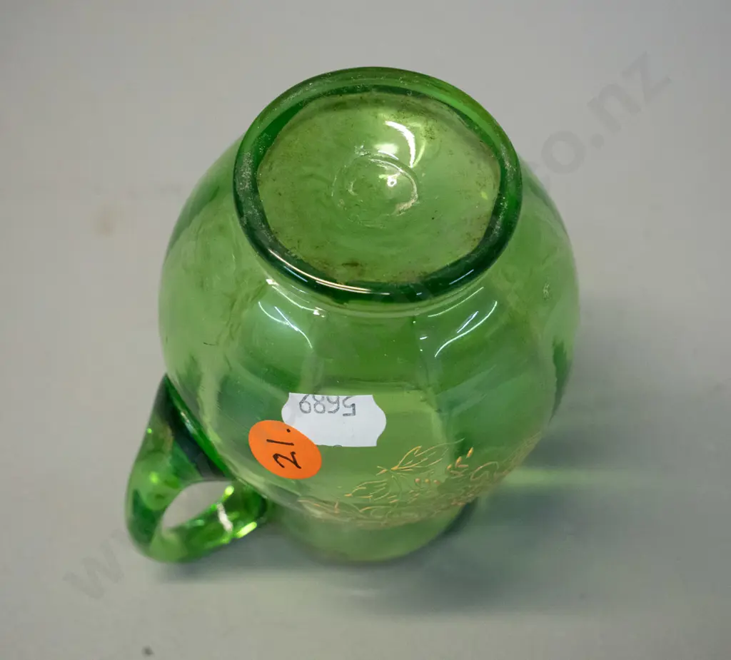 vintage green uranium glass jug with raised decoration, some wear to gilt on rim H-110 Image 1++