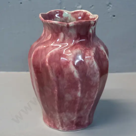 Crown Lynn mottled red and pale green vase No. 59, fraction marked 3/7 and "C" H-180 - small chip at rim