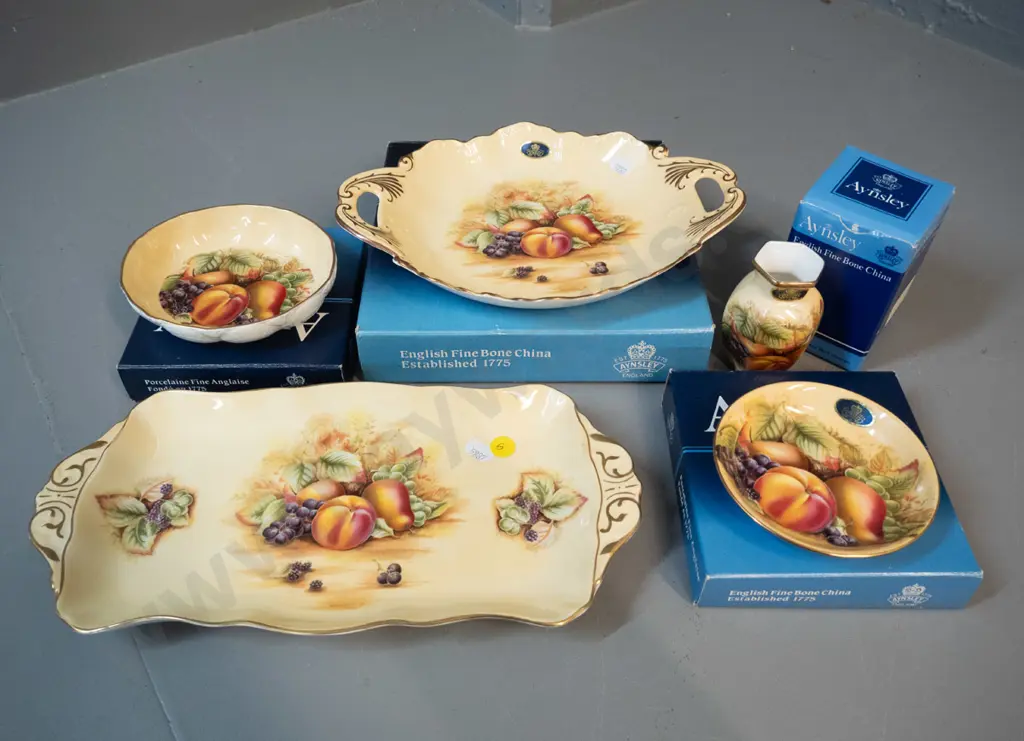 5 pieces Aynsley Orchard Gold, 4 w/original boxes - oval dish, sandwich tray, small vase, 2 trinkets, Image 1++